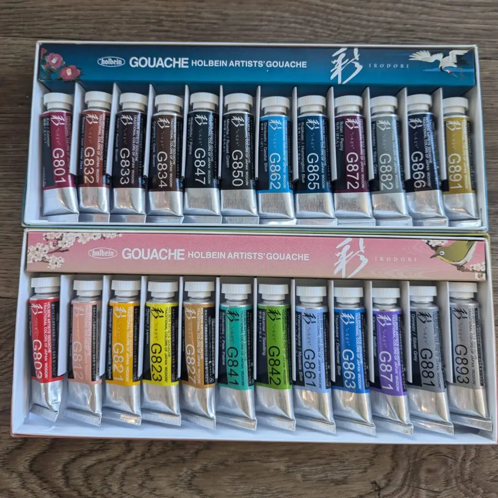 Two set of gouache paints, the winter Irodori set with 12 colors, and the Spring Holbein Irodori set with 12 pastel colors