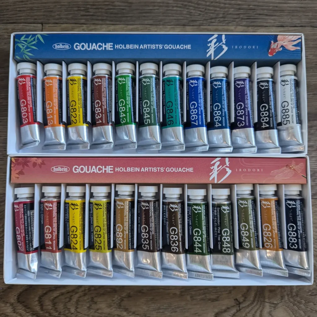 Two set of gouache paints, the Summer Irodori set with 12 bright colors, and the Fall Holbein Irodori set with 12 warm colors