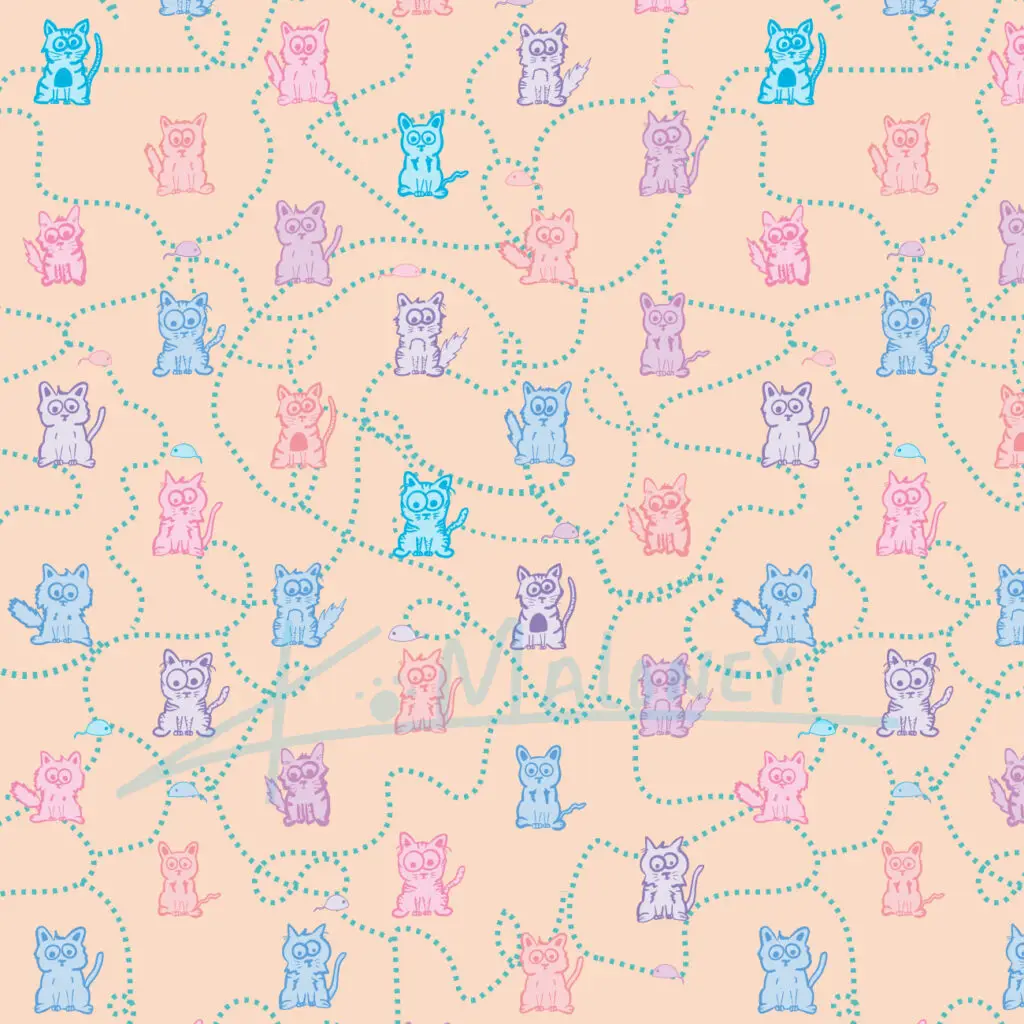 Pastel Pink, Purple and blue cartoon cats with toy mice running around them.