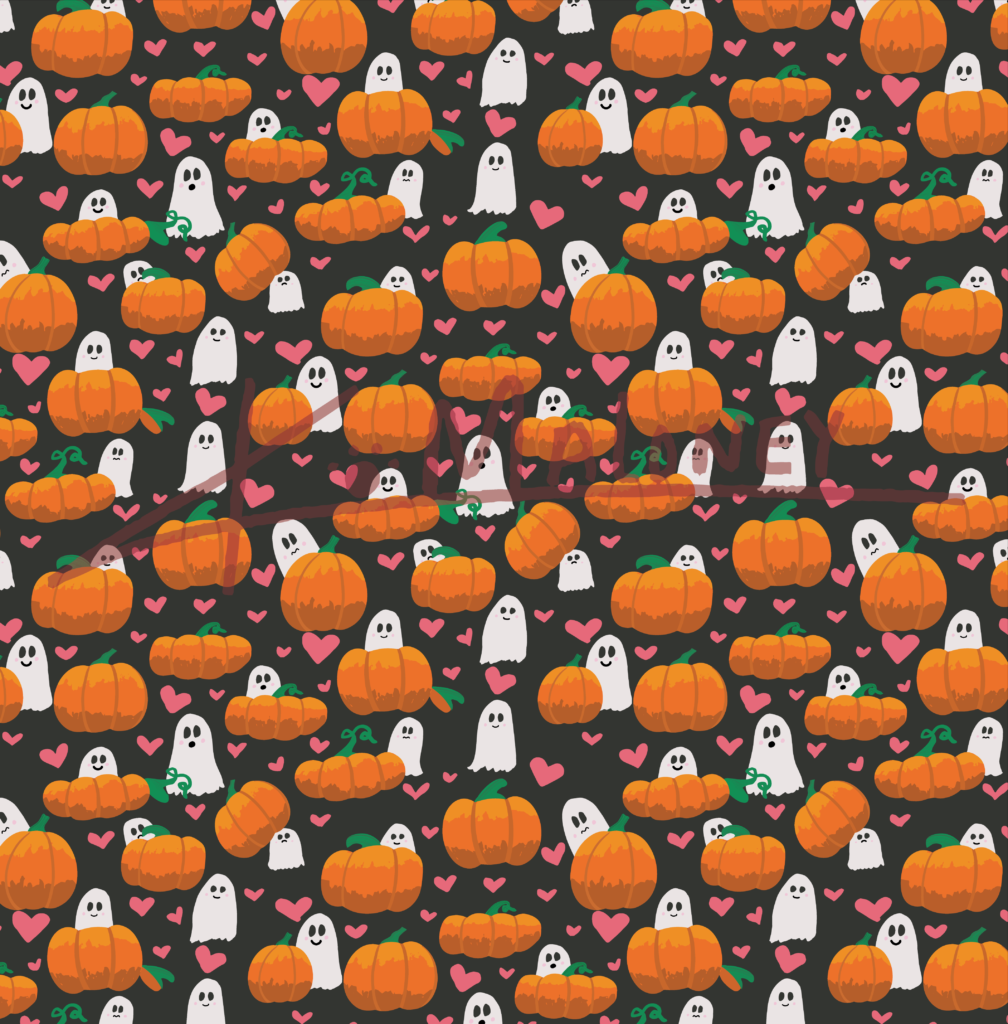 A repeat pattern with pumpkins and ghost. Some of the pumpkins have ghost hiding behind them. there are also pink hearts throughout the pattern.