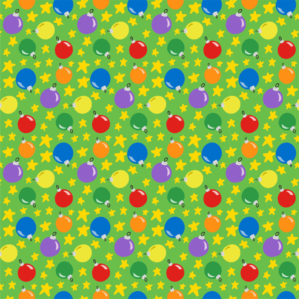 A repeat pattern made up of rainbow colored ornaments on a light green background. They are scattered about with yellow stars in between.