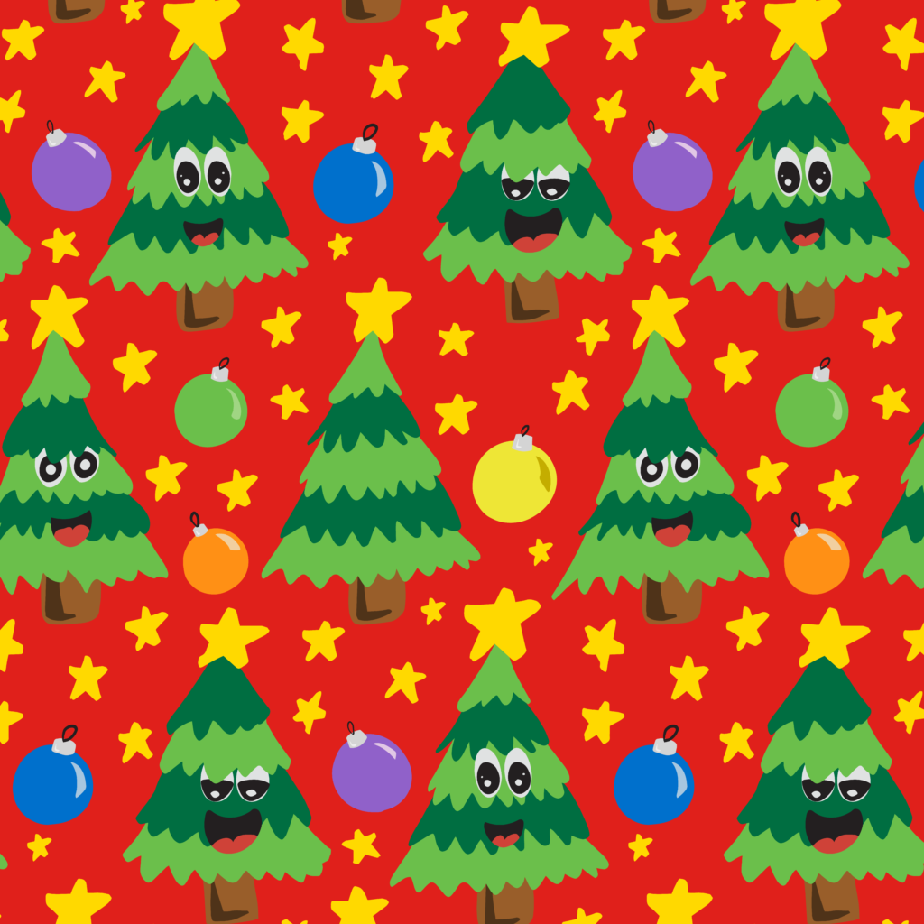 This pattern is based on the Christmas sweater with light and dark green colors making up Christmas trees. They are set on a red background with stars both on top and all around them. There are also rainbow ornaments mixed in as well.