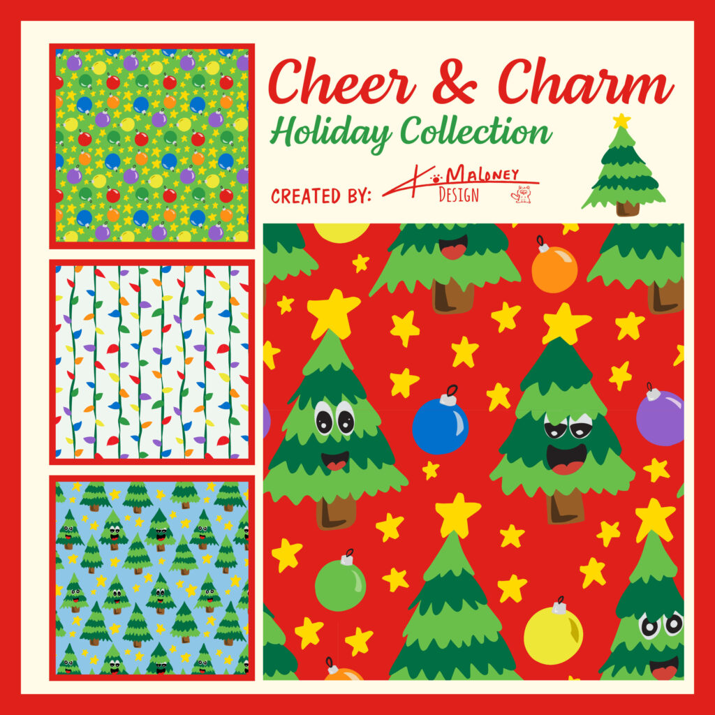 A mini collection of holiday patterns showcased each in a red frame. The tile features the patterns, Christmas sweater, cheerful ornaments, starlit pines, light up the season. The name of the collection is Cheer & Charm