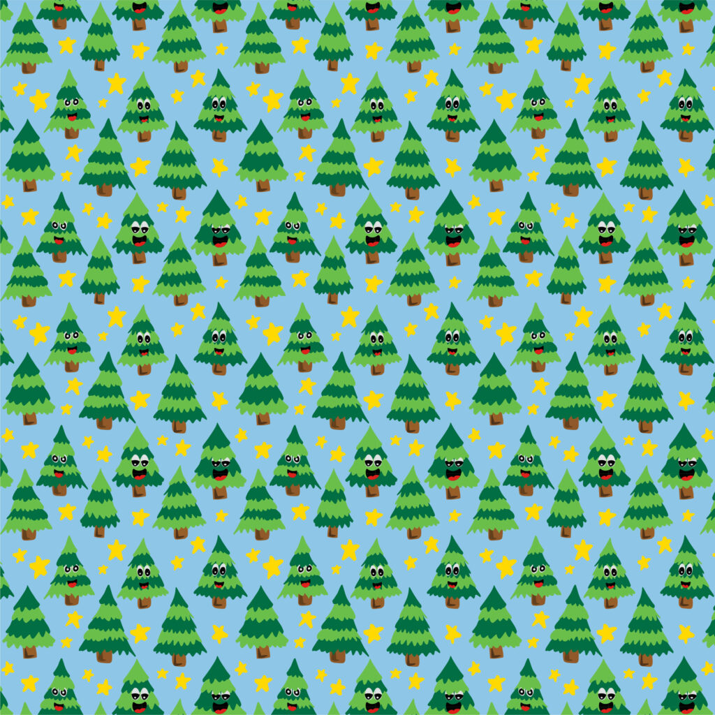 repeat pattern starlit pines is a light blue background wiht rows of christmas trees, some have cartoon faces while others are simple trees. This pattern is inspired by tree farms, a favorite during the holiday season.