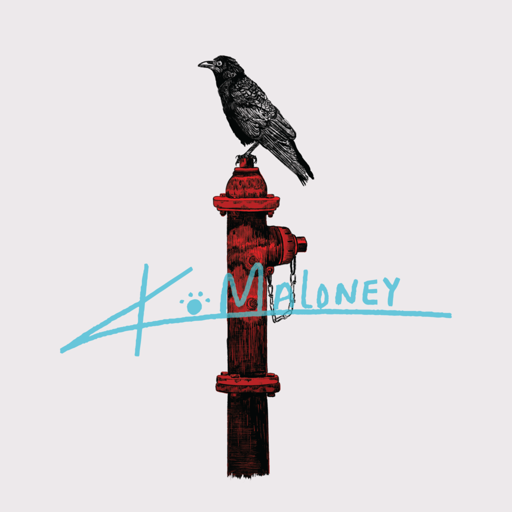 Illustration of a black crow perched on a red fire hydrant, with detailed feather textures and a calm, observant posture.
