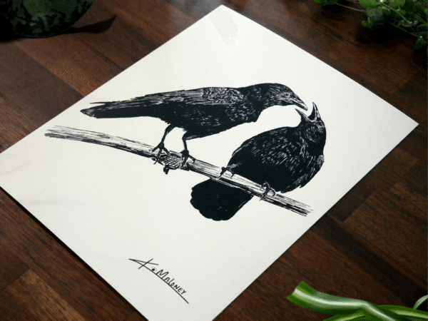 An up close angled shot of the crow family art print, The Crow Family art print is a black and white image of two crows. The one on the left is looking at the one on the right which has it's mouth open like it has something to say.