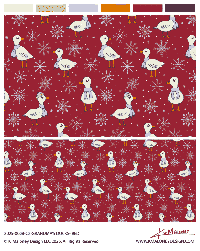 Winter holiday surface pattern design featuring cute white ducks wearing blue scarves and snowflakes on burgundy red background by K. Maloney Design
Recent Projects