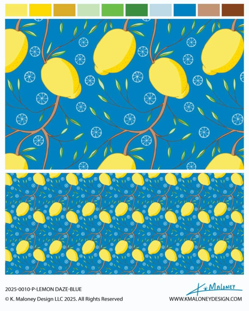 Bright citrus surface pattern design with yellow lemons, branches, and lemon slices on vibrant blue background by K. Maloney Design