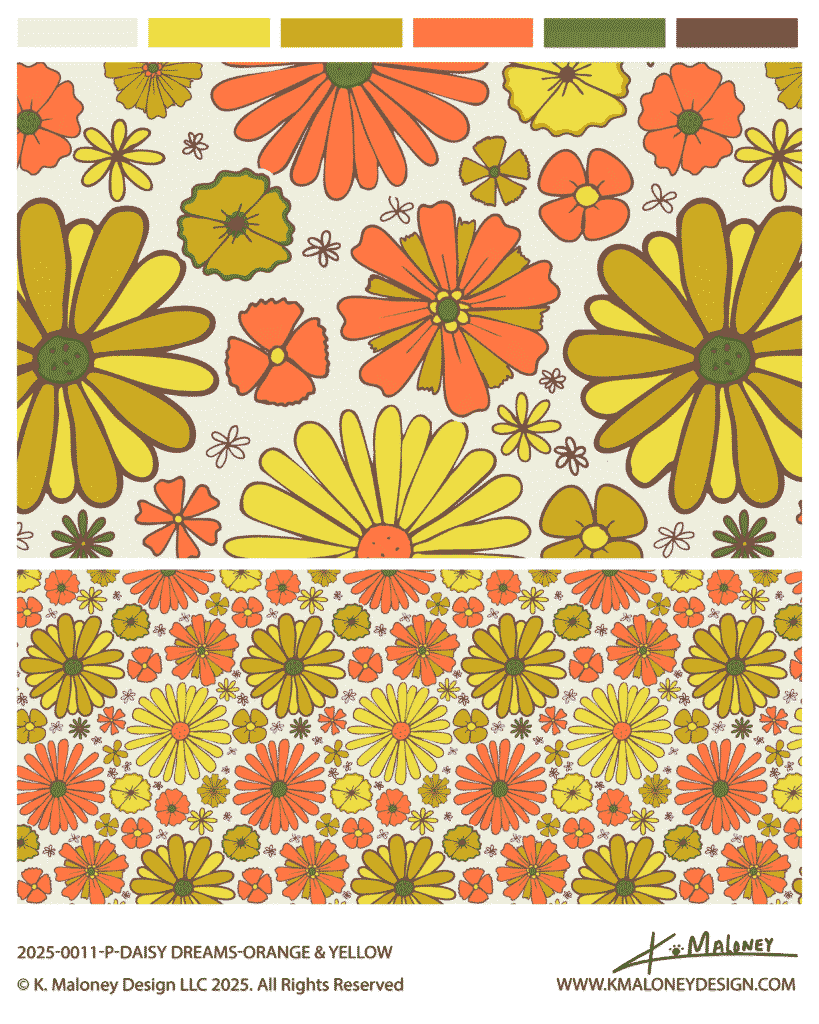 Retro daisy surface pattern design with orange and yellow flowers in vintage 70s style on cream background by K. Maloney Design. Recent Projects.