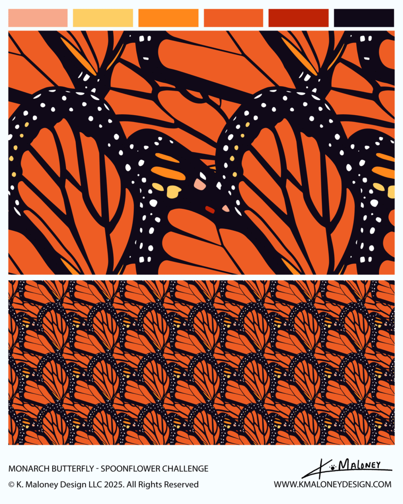 Monarch Butterfly surface pattern design showing orange butterfly wings with black veining and white spots on navy background, displayed in two scales by K. Maloney Design for Spoonflower challenge