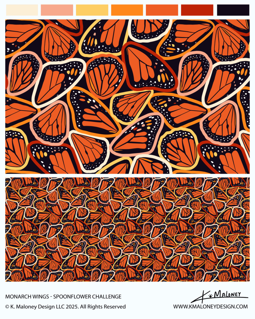 Monarch Wings surface pattern design featuring scattered orange monarch butterfly wings with black borders and white dots on dark background, shown in large and small scales by K. Maloney Design for Spoonflower challenge