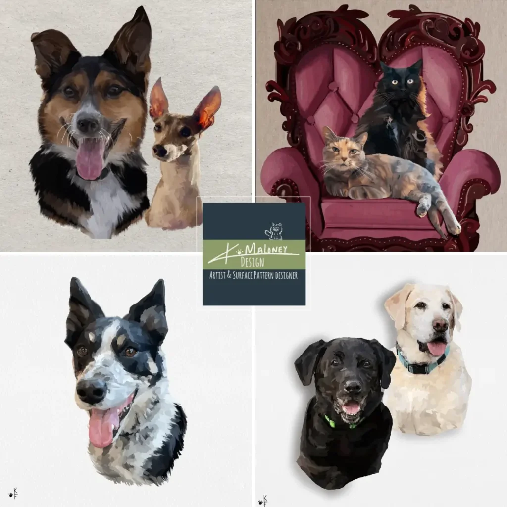 Square collage with examples of pet portraits drawn by Kmaloney design.