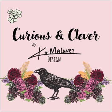 The curious and clever collection logo. My first collection of 2025. It features a crow with a peanut surrounded by dahlia flowers on a soft pink background.