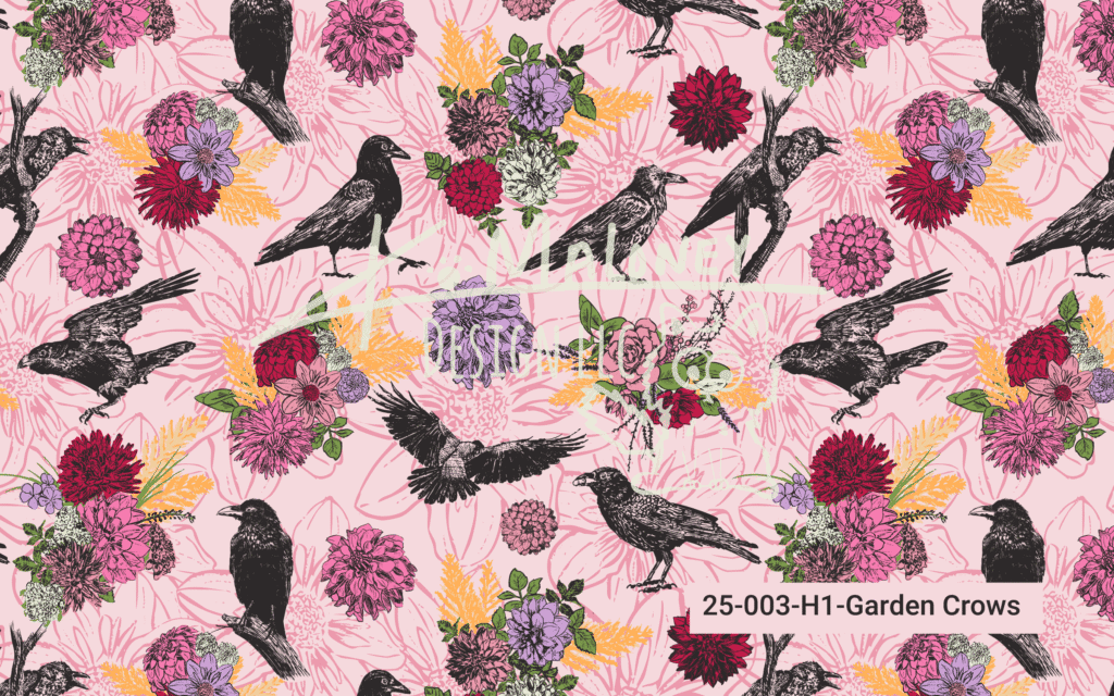 Pattern design featuring hand-drawn black crows surrounded by colorful dahlias, zinnias, and other garden flowers on a soft pink background. Part of the ‘Curious & Clever’ collection by K. Maloney Design LLC.