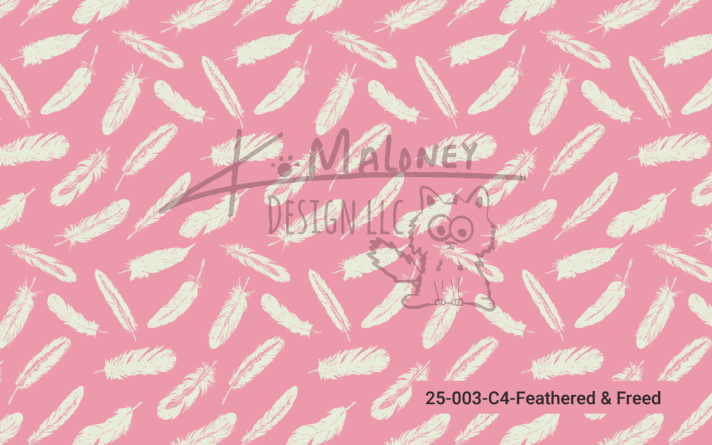 Repeating pattern of cream-colored feathers scattered across a bright pink background, created by K. Maloney Design LLC as part of the ‘Curious & Clever’ crow-inspired collection.