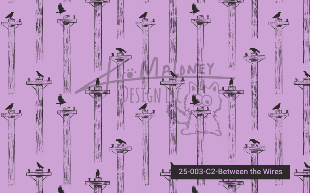 Graphic crow pattern with black birds perched on wooden telephone poles against a lavender background. A coordinating print from K. Maloney Design LLC’s ‘Curious & Clever’ collection
