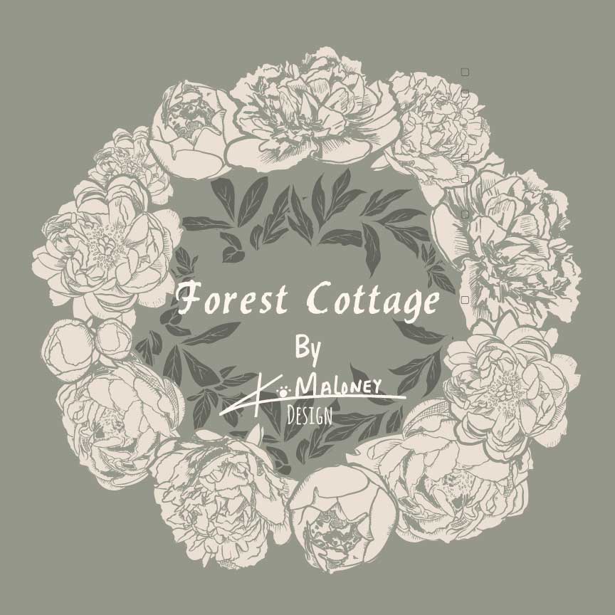 Forest Cottage collection logo featuring a hand-drawn floral wreath and text by K. Maloney Design.